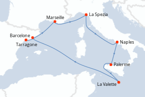 carte itinéraire croisière Sicile 7 jours au départ du port de Tarragone
