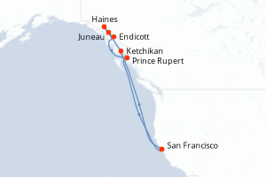 Carte de l'itinéraire de croisière San Francisco-San Francisco d'une durée de 10 jours
