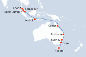 Carte de l'itinéraire de croisière Hobart-Singapour d'une durée de 21 jours