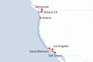 Carte de l'itinéraire de croisière Los Angeles-Vancouver d'une durée de 7 jours