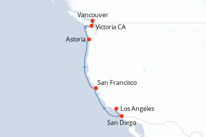 Carte de l'itinéraire de croisière Los Angeles-Vancouver d'une durée de 7 jours