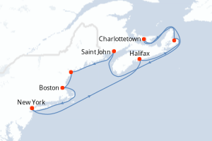Carte de l'itinéraire de croisière New York-New York d'une durée de 10 jours