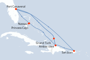 carte itinéraire croisière Caraïbes Bahamas 14 jours au départ du port de Port Canaveral