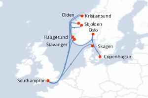 Carte de l'itinéraire de croisière Southampton-Southampton d'une durée de 14 jours