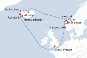 carte itinéraire croisière Fjörds norvégiens 14 jours au départ du port de Southampton
