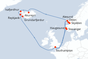 Carte de l'itinéraire de croisière Southampton-Southampton d'une durée de 21 jours