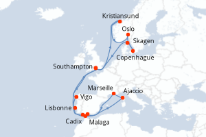 carte itinéraire croisière Europe du Nord 21 jours au départ du port de Southampton