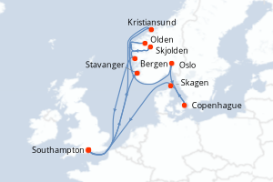 carte itinéraire croisière Fjörds norvégiens 14 jours au départ du port de Southampton