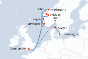 carte itinéraire croisière Fjörds norvégiens 14 jours au départ du port de Southampton