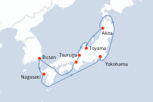 Carte de l'itinéraire de croisière Yokohama-Yokohama d'une durée de 9 jours
