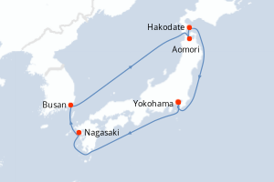 Carte itinéraire croisière Japon, Corée du Sud - 8 jours au départ de Yokohama - Asie
