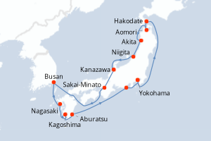 Carte de l'itinéraire de croisière Yokohama-Yokohama d'une durée de 14 jours