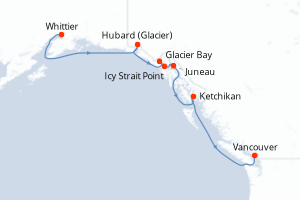 Carte de l'itinéraire de croisière Whittier-Vancouver d'une durée de 7 jours