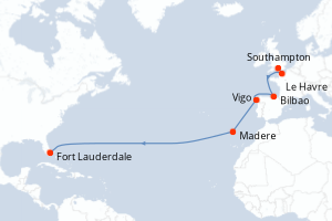 carte itinéraire croisière Transatlantique 15 jours au départ du port de Southampton