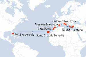 carte itinéraire croisière Transatlantique 23 jours au départ du port de Civitavecchia - Rome