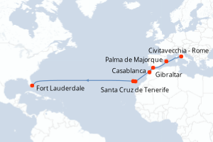 carte itinéraire croisière Transatlantique 16 jours au départ du port de Civitavecchia - Rome