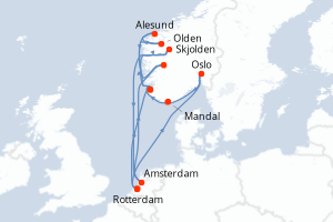 carte itinéraire croisière Fjörds norvégiens 14 jours au départ du port de Rotterdam