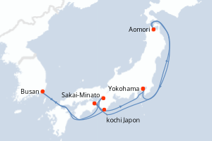 carte itinéraire croisière Asie 10 jours au départ du port de Yokohama