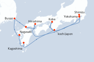 Carte de l'itinéraire de croisière Yokohama-Yokohama d'une durée de 11 jours