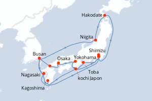 Carte de l'itinéraire de croisière Yokohama-Yokohama d'une durée de 20 jours