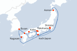 Carte itinéraire croisière - 17 jours au départ de Yokohama - Asie