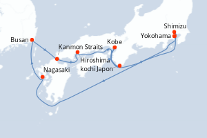 carte itinéraire croisière Asie 9 jours au départ du port de Yokohama