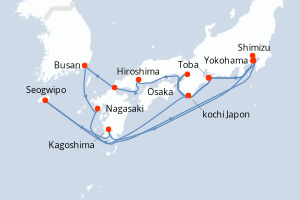 Carte de l'itinéraire de croisière Yokohama-Yokohama d'une durée de 17 jours
