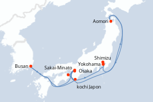 Carte de l'itinéraire de croisière Yokohama-Yokohama d'une durée de 11 jours