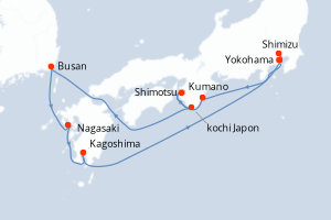 Carte de l'itinéraire de croisière Yokohama-Yokohama d'une durée de 10 jours