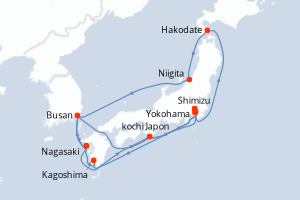 Carte de l'itinéraire de croisière Yokohama-Yokohama d'une durée de 17 jours
