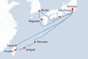 carte itinéraire croisière Asie 16 jours au départ du port de Yokohama