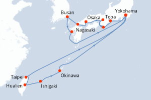 carte itinéraire croisière Asie 18 jours au départ du port de Yokohama
