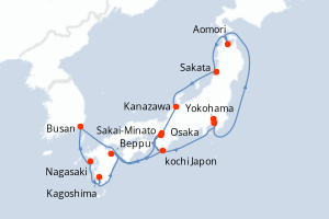 Carte de l'itinéraire de croisière Yokohama-Yokohama d'une durée de 14 jours