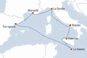 Carte de l'itinéraire de croisière Naples-Naples d'une durée de 7 jours