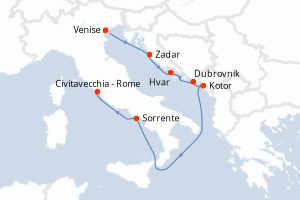Carte de l'itinéraire de croisière Venise-Civitavecchia - Rome d'une durée de 7 jours