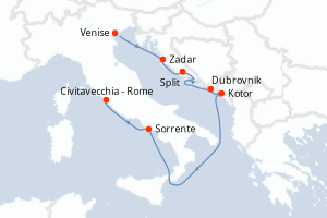 Carte de l'itinéraire de croisière Venise-Civitavecchia - Rome d'une durée de 7 jours