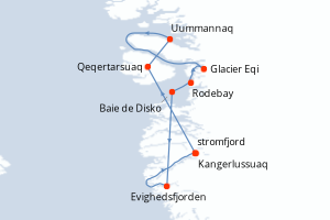 Carte de l'itinéraire de croisière Kangerlussuaq-Kangerlussuaq d'une durée de 8 jours