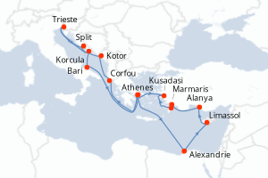 carte itinéraire croisière Méditerranée 21 jours au départ du port de Athenes