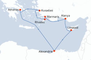Carte de l'itinéraire de croisière Le Piree - Athenes-Le Piree - Athenes d'une durée de 11 jours