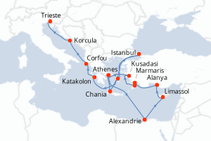 carte itinéraire croisière Méditerranée 21 jours au départ du port de Athenes
