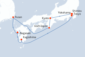 Carte itinéraire croisière Japon - 11 jours au départ de Yokohama - Asie
