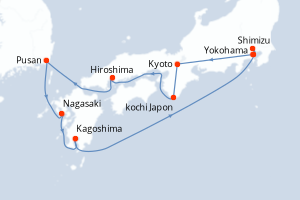 Carte de l'itinéraire de croisière Yokohama-Yokohama d'une durée de 12 jours