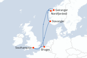 Carte de l'itinéraire de croisière Southampton-Southampton d'une durée de 7 jours