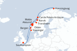 Carte de l'itinéraire de croisière Southampton-Southampton d'une durée de 14 jours