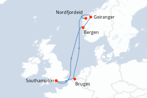 Carte de l'itinéraire de croisière Southampton-Southampton d'une durée de 7 jours