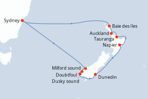 Carte itinéraire croisière Australie, Nouvelle-Zélande - 12 jours au départ de Sydney - Australie Nouvelle Zélande