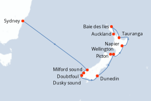 Carte de l'itinéraire de croisière Sydney-Auckland d'une durée de 11 jours