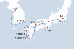Carte de l'itinéraire de croisière Tokyo-Seoul d'une durée de 12 jours
