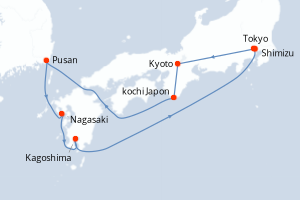 Carte de l'itinéraire de croisière Tokyo-Tokyo d'une durée de 12 jours