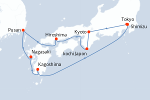 Carte de l'itinéraire de croisière Tokyo-Tokyo d'une durée de 12 jours
